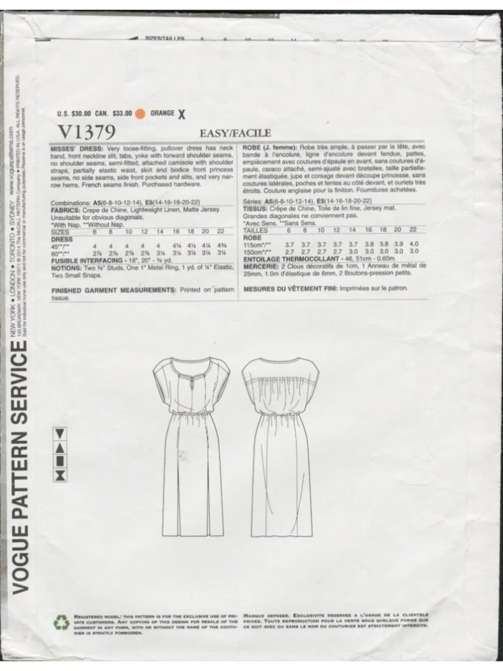 Vogue 1379 Tracy Reese Boho Blouson Dress Side Slits Pattern Size 14-22 Uncut